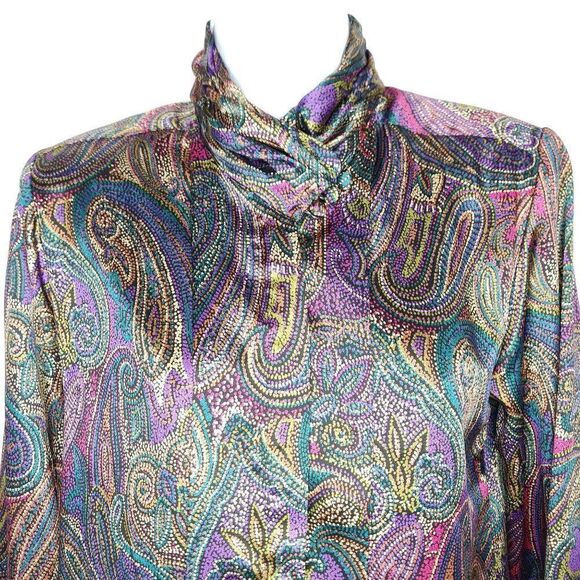 Vintage Tess Paisley Secretary Blouse Sz 4P Purple Teal Gold Shoulder Pads - Picture 1 of 7